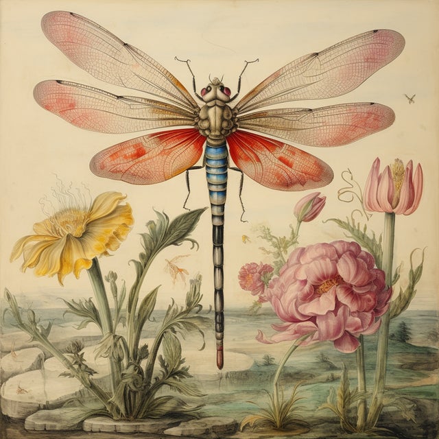 18' X 18' - 'Dragonfly and Flowers' # 1 - Original Botanical Print - Hortus Floridus Style, Unframed For Sale - Image 4 of 4