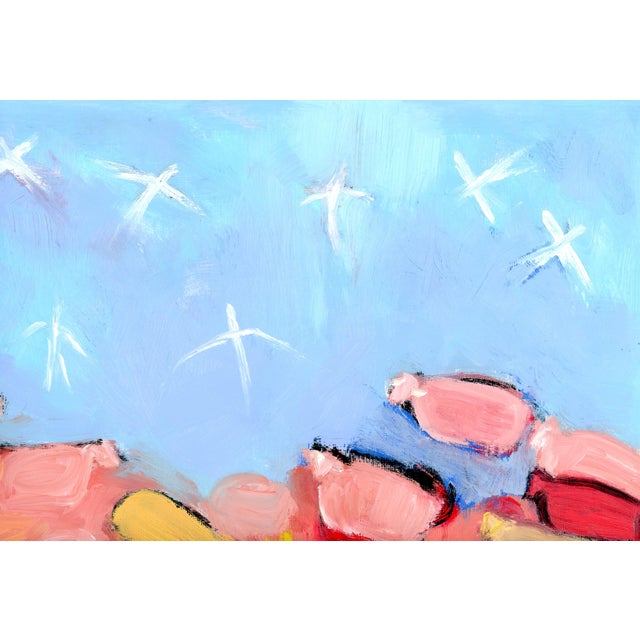 A modern abstract pastoral landscape An elegant, abstract oil painting of birds, sheep and angels in nature executed in a...
