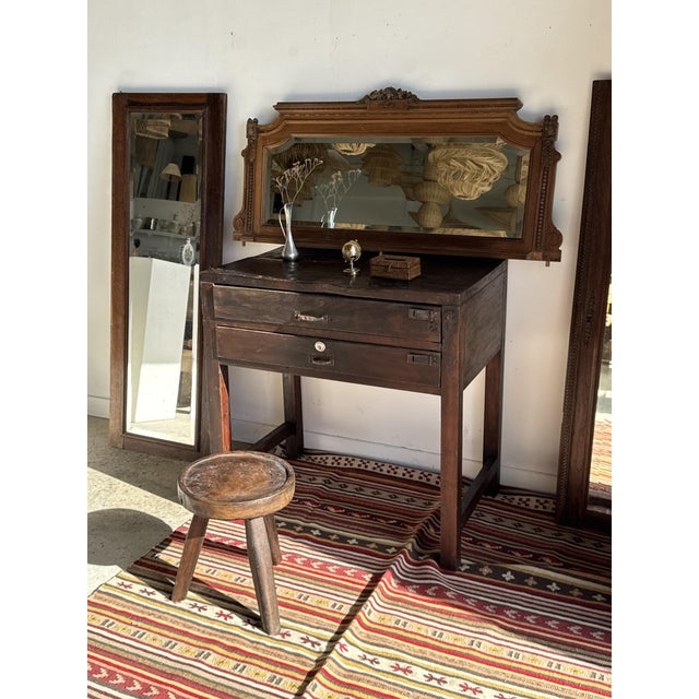 Antique Mirror in Brown Oak with Beveled Glass and Keyhole Escutcheon, 1980s For Sale - Image 12 of 16