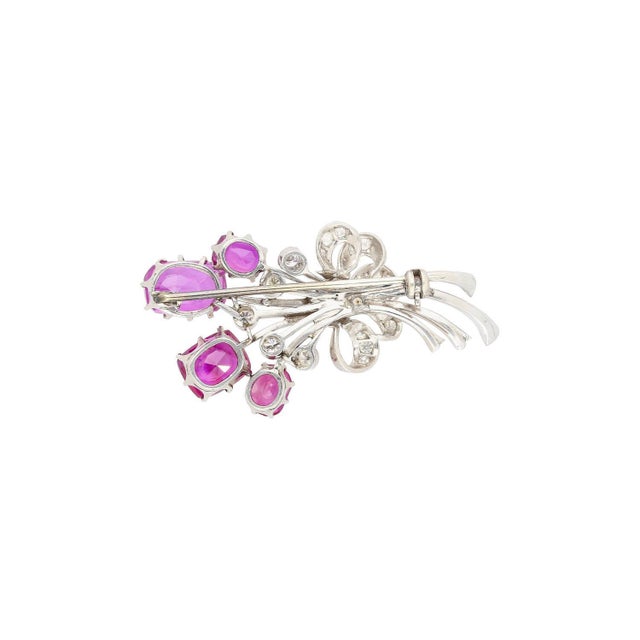 Metal Agl Certified No Heat Ceylon Pink Sapphire and Diamond Platinum Floral Brooch For Sale - Image 7 of 8