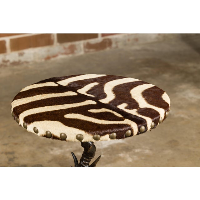 Safari Zebra Skin Circular Top Side Tables with Horn Bases, Two Sold Each For Sale - Image 3 of 12