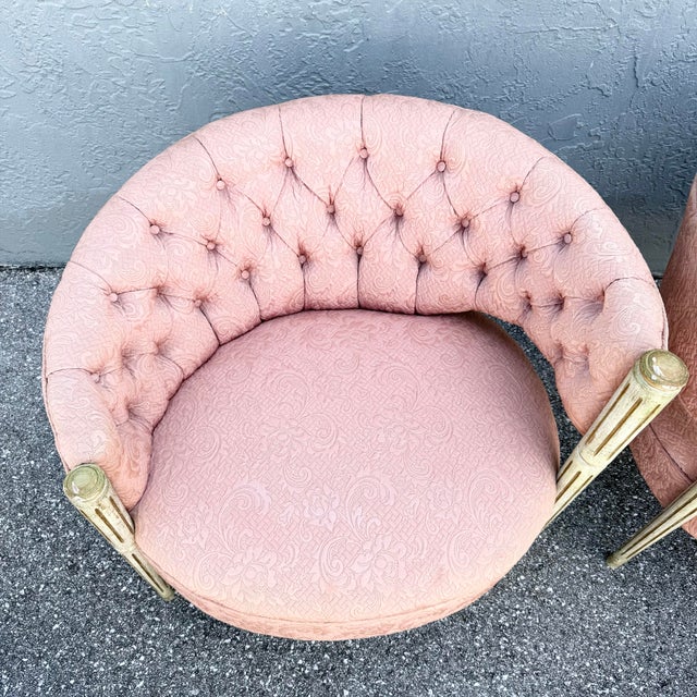 Vintage French-Style Tufted Pink Barrel Accent Chairs - A Pair For Sale - Image 9 of 11