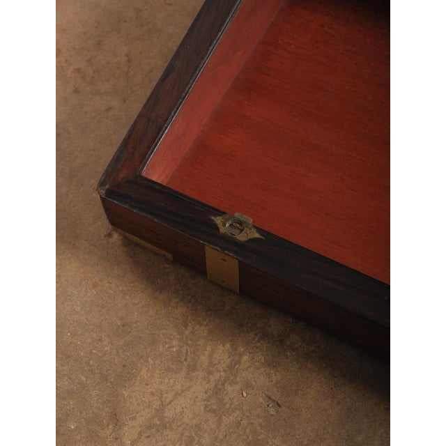 Vintage Brass Bound Campaign Writing Slope Lap Desk With Velvet Interior Storage Compartments Folding Travel Writing Box For Sale - Image 12 of 14