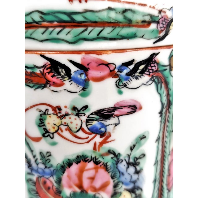 Vintage Chinese Rose Medallion Porcelain Tea Canister With Phoenixes Butterflies and Pink Flowers For Sale - Image 11 of 12