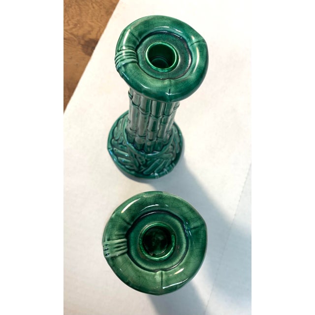 Dorothy Draper Majolica Ceramic Split Reed Faux Bamboo Candlesticks Pair For Sale - Image 4 of 5