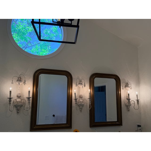 White Set of Three Distressed French Country Wall Sconces With Matching Large & Medium Chandeliers Available For Sale - Image 8 of 8