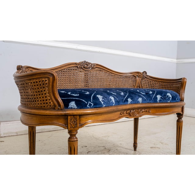 Textile French Louis XV Style Double Cane Back Boudoir Bench For Sale - Image 7 of 18