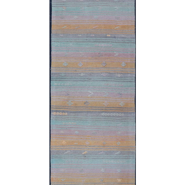 Traditional Vintage Turkish Kilim Runner With Blue, Orange, and Soft Lavender Stripes For Sale - Image 3 of 11