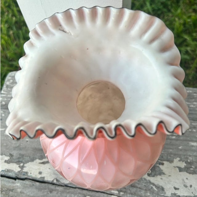 Glass Late 19th Century Bohemian Victorian Harrach Pink/White Cased Glass Quilted Diamond Pattern Hand-Painted Floral/Butterfly Motifs Bulbous Fan Vase For Sale - Image 7 of 8