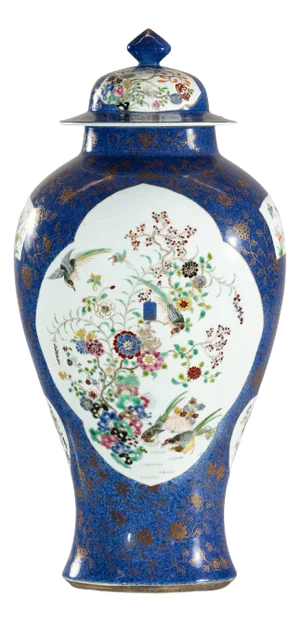 Vintage Hand-Painted Cobalt Blue Ginger Jar with Floral and Bird Motifs