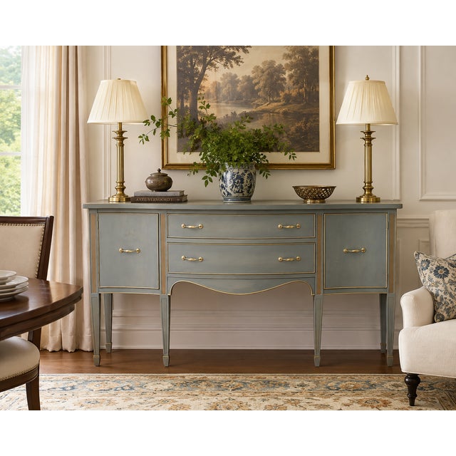 Vintage Morganton Furniture serpentine sideboard featuring a professionally applied Gustavian-inspired blue-gray painted...