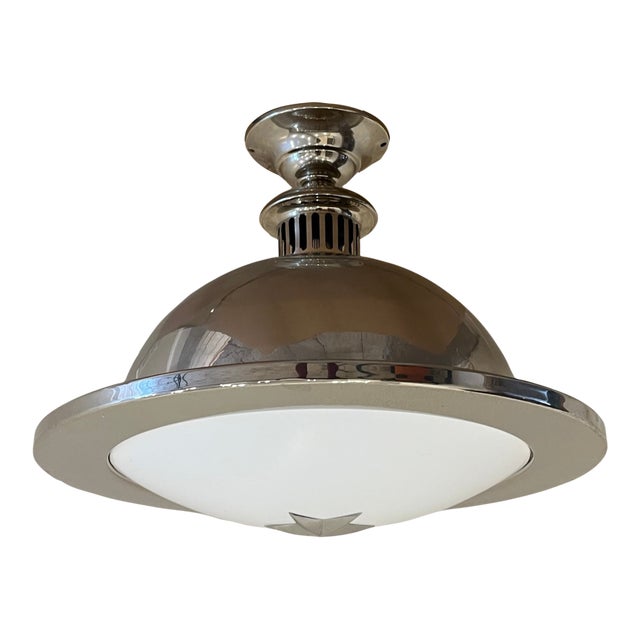Remains Lighting Orson Pendant Semi Flush Mount, Stainless, Milk Glass, Rare For Sale