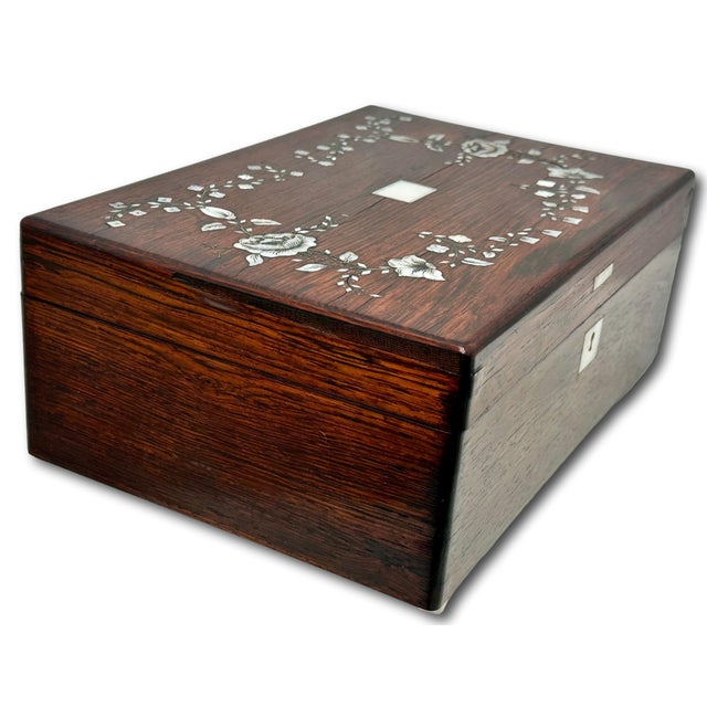 Outstanding Antique Victorian Rosewood Veneer Sewing Box With Fancy Abalone Seashell Inlay Flowers - Circa 1870s For Sale - Image 18 of 18