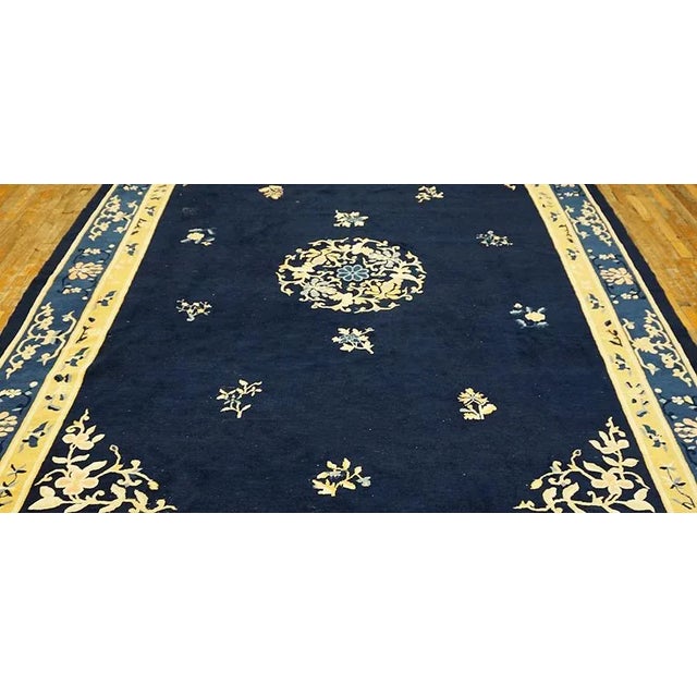 Textile 1920s Blue Navy Medallion Antique Chinese Peking Carpet 9'2" X 11'8" Knotted Wool Rug For Sale - Image 7 of 12