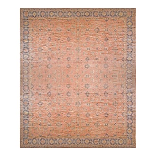 Elegant Peach Background Allover-Geometric Pattern Antique Turkish Oushak Rug For Sale
