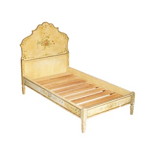 Antique French Hand Painted Bed Frame in Oak Pine Slats For Sale