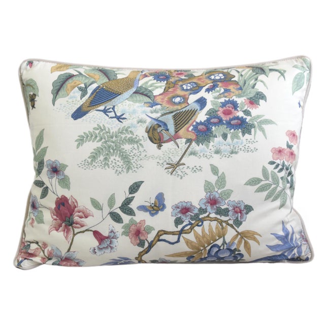 Pair custom-tailored pillows by Mike Seratt of The Prized Pig in Schumacher Fabrics' "Dynasty Anshun" cotton fabric,...