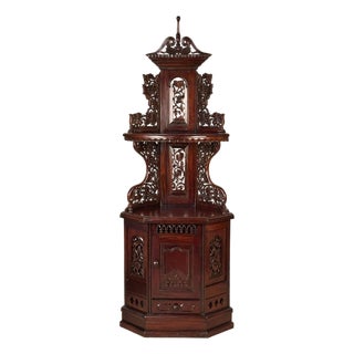 Vintage English Victorian Mahogany Carved 2-Tier Corner Cabinet For Sale