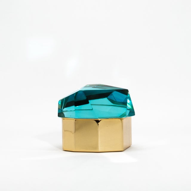 Aqua Hand Blown Murano Diamond Rock Box With Brass For Sale - Image 8 of 12