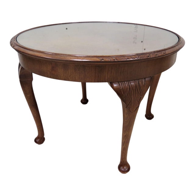 Small Vintage English Round Oak Coffee Table With Glass Top And Queen Anne Legs Chairish