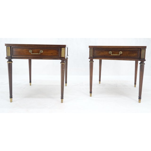 Pair Banded Top Fluted Tapered Legs One Drawer Low Profile End Tables Stands For Sale - Image 9 of 14