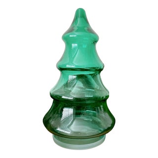 Vintage Glass Christmas Tree Jar Container Green With Lid. For Sale