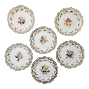 Vintage Chelsea House Hand-Painted Summer Floral Botanical Porcelain Plates - Set of 6