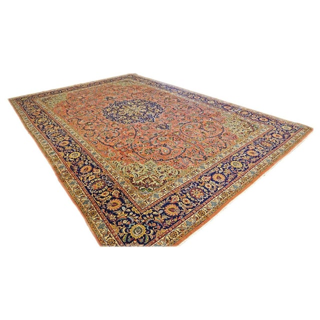 Persian Antique Persian Tabriz Pahlavi Wool 11x17 Orange, Blue & Green Handmade Area Rug #9902606 For Sale - Image 3 of 13