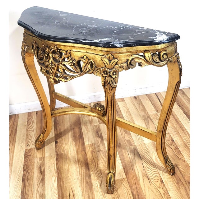 Vintage Rococo French Style 20th C Gilt Carved Wood Marble Console Table & Mirror For Sale - Image 4 of 15