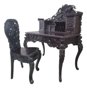 Antique Carved Ornate Japanese Export Hard Rosewood Writing Desk and Chair Set