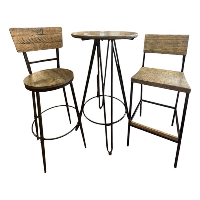 Modern Rustic Pub Table & Chairs With Iron Base & Reclaimed Wood Tops, 3- Piece Set For Sale