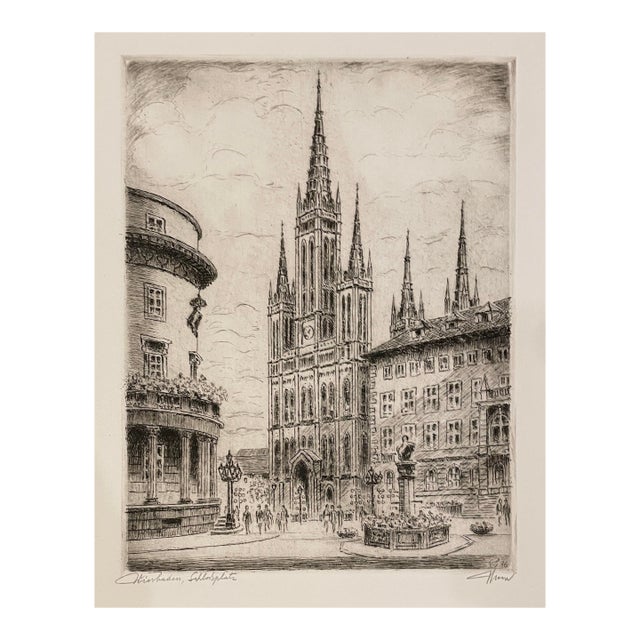 1960s Wiesbaden Germany Palace Square Etching For Sale