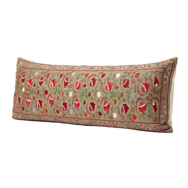 Mid-Century Modern Green Pomegranate Suzani Lumbar Pillow Cover 18'' X 74'' For Sale - Image 3 of 4