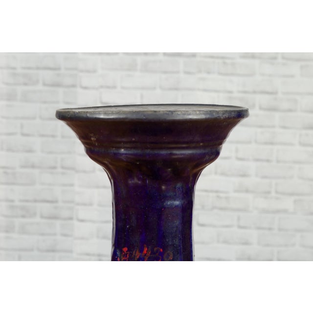 Chinese Antique Dark Blue Glazed Pedestal Stand with Raised Motifs For Sale - Image 4 of 10