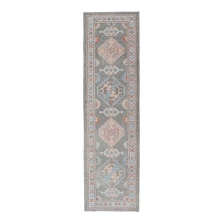 Turkish Oushak Runner in Soft Coral, Slate Gray, and Ivory With Geometric Design For Sale