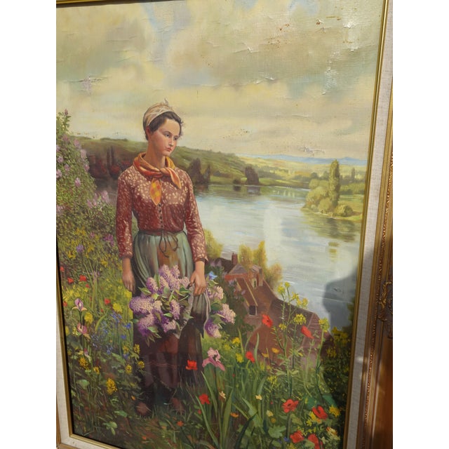 1950s Antique French Gold Oil Painting Picture Women in Field of Flowers Ridgeway Knight For Sale - Image 5 of 12