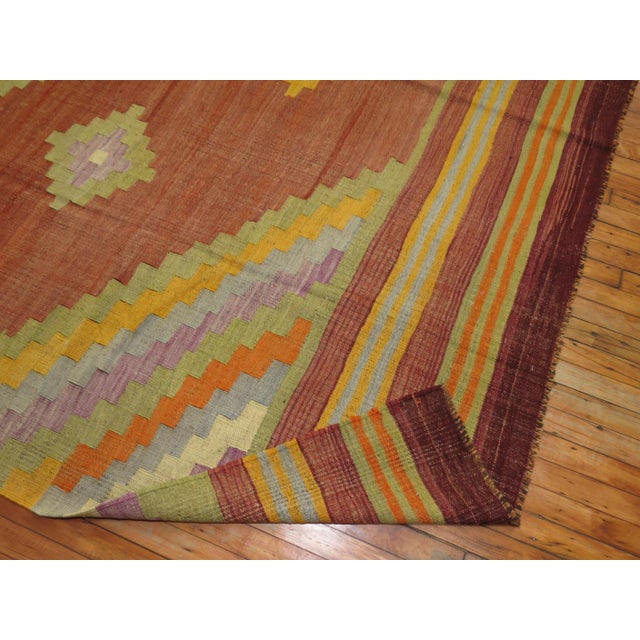 Mid 20th Century Rusty Brown Yellow Lavender Green Turkish Kilim Room Size Rug For Sale - Image 4 of 6