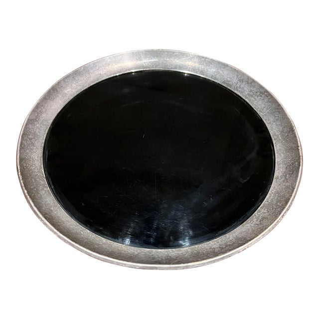 1960s Gorham Round Service Tray Silverplate Black Formica For Sale