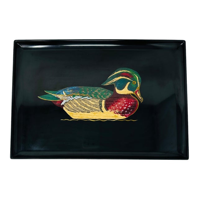 Large 18” Vintage Couroc of Monterey Hand-Inlaid Wood Duck Tray - Collector Grade For Sale