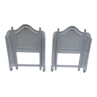 Vintage Pair French Corbeille Winged Caned Gray Twin Headboards For Sale