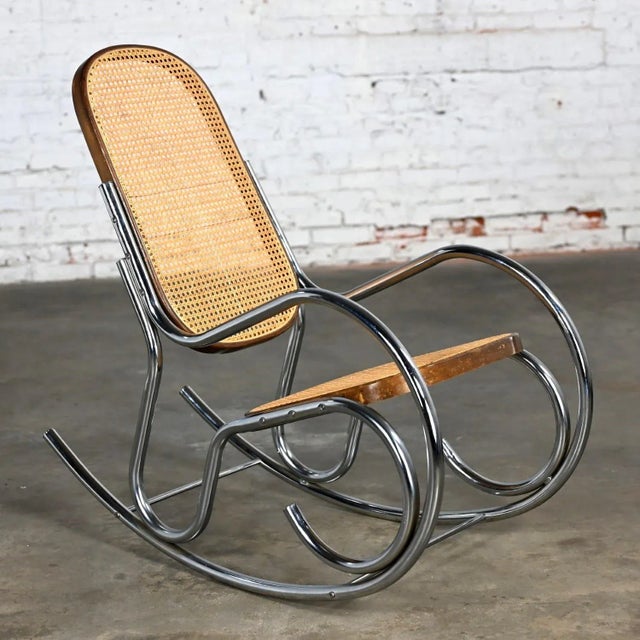 Brown 1970’s Bauhaus Style Chrome Tube Bentwood & Cane Rocking Chair or Rocker For Sale - Image 8 of 12