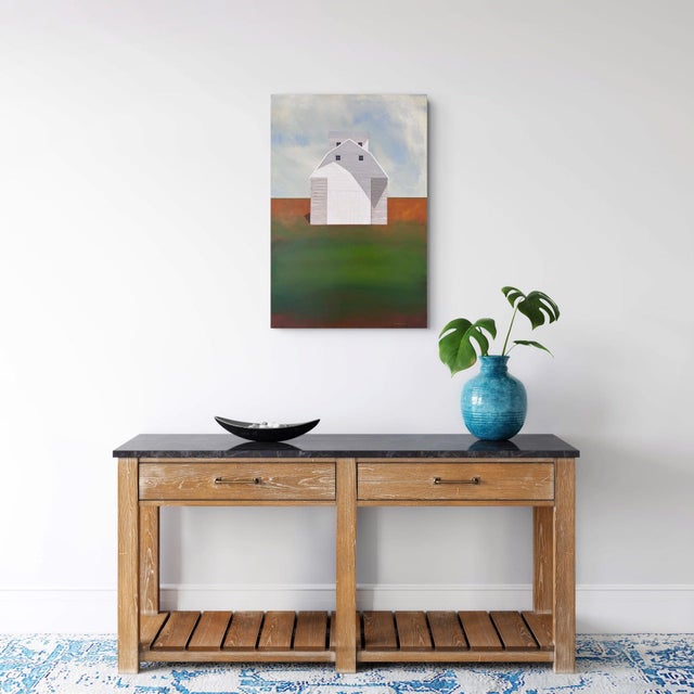 On the Outskirts by Justin Wheatley | Acrylic on Canvas White Barn in Open Field For Sale - Image 11 of 11