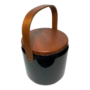 1960s Mid Century Modern Georges Briard Ice Bucket Black Patent Vinyl Teak Lid and Handle