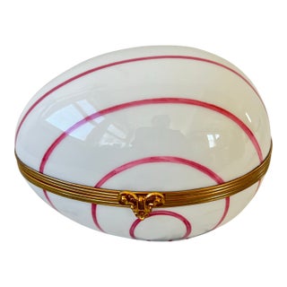 Limoges Chamart Pink Pinstriped Porcelain and Brass Egg Shaped Trinket Box - Made in France For Sale