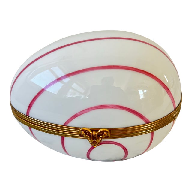 Limoges Chamart Pink Pinstriped Porcelain and Brass Egg Shaped Trinket Box - Made in France For Sale