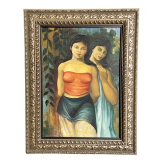 Vintage Signed and Framed Cuban Painting of Two Young Women For Sale