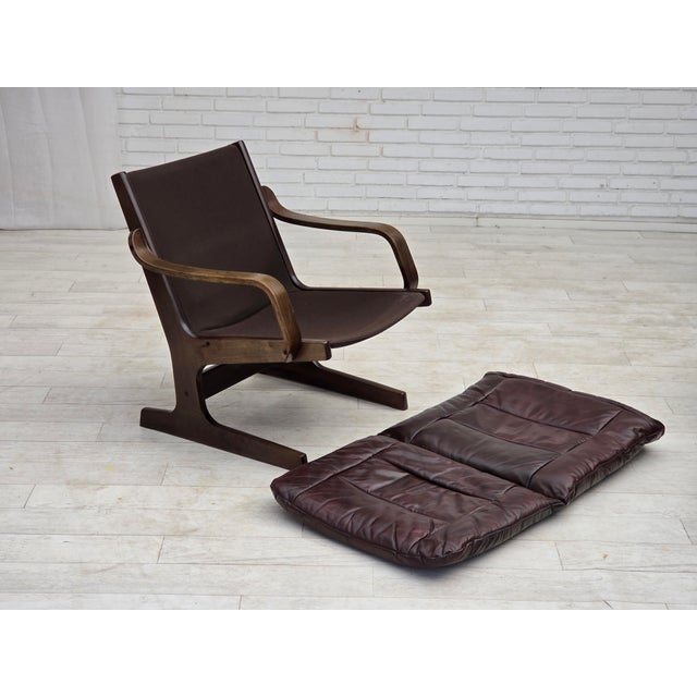 Wood Scandinavian Armchair in Brown Furniture Leather, 1970s For Sale - Image 7 of 18