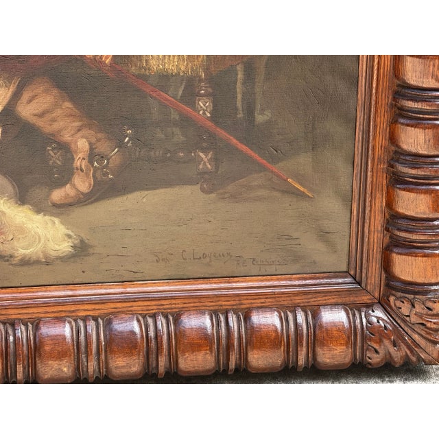 Paint Large Antique European Cavalier Interior Scene Oil Painting in Carved Wood Frame For Sale - Image 7 of 12