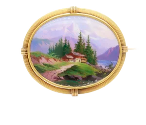 Antique Swiss Enamel and 14k Gold Brooch With a Mont Blanc Scene
