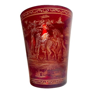 Antique 1865 Hand Painted Bohemian Cranberry to Clear Glass Crystal Bucket Vase For Sale